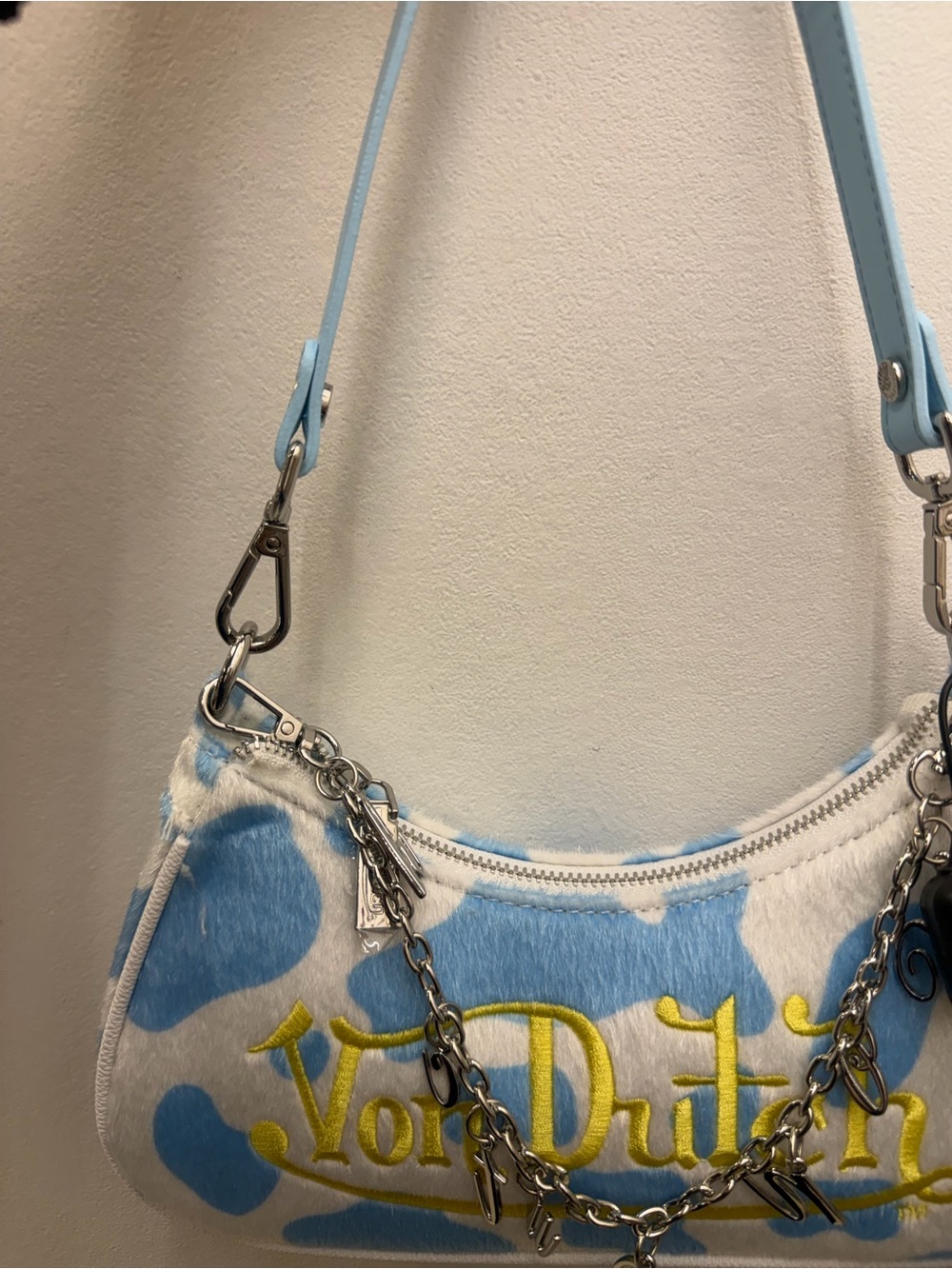 Von Dutch Light Blue and White Mini Shoulder Bag with Yellow Logo